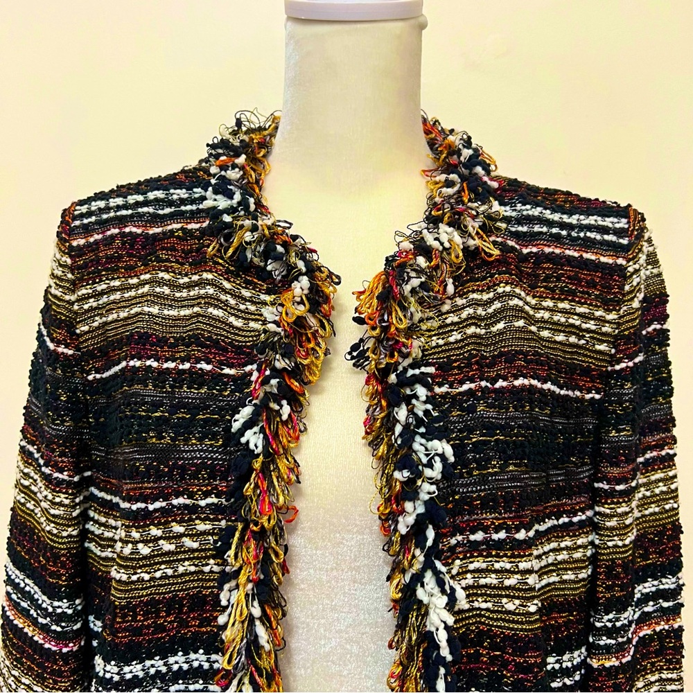 St. John Multicolored Long Cardigan Fringe Detail Quiet Luxury Timeless Elegance - Picture 3 of 12